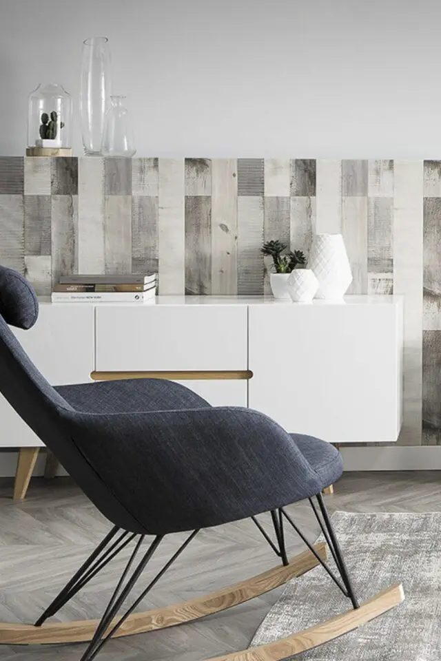 Buffet scandinave blanc laqué brillant et finition bois clair 2 portes 2 tiroirs salon séjour intemporel 