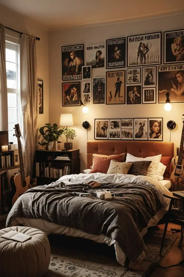 chambre ado couleur tête de lit couleur rouille mur blanc linge de lit gris et poster de films coloré idée décoration chambre ado couleur tête de lit couleur rouille mur blanc linge de lit gris et poster de films coloré idée décoration