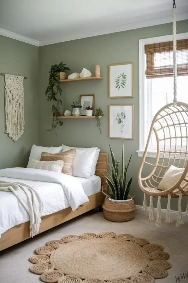 chambre ado couleur vert sauge peinture mur lit en bois fauteuil suspendu tapis jute presque adulte chambre ado couleur vert sauge peinture mur lit en bois fauteuil suspendu tapis jute presque adulte