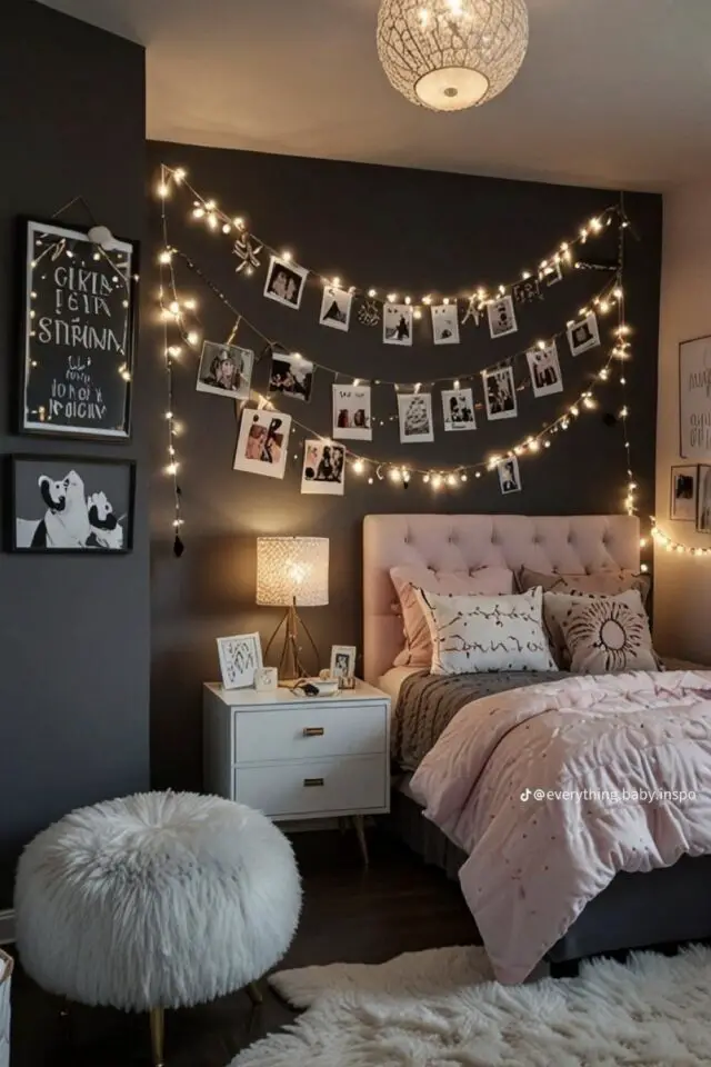 chambre ado couleur exemple fille rose et noir tête de lit capitonnée guirlande lumineuse photos accrochées au mur chambre ado couleur exemple fille rose et noir tête de lit capitonnée guirlande lumineuse photos accrochées au mur