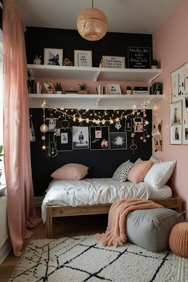couleur chambre ado fille rose et boir étagère blanche tapis berbère contraste aesthetic couleur chambre ado fille rose et boir étagère blanche tapis berbère contraste aesthetic