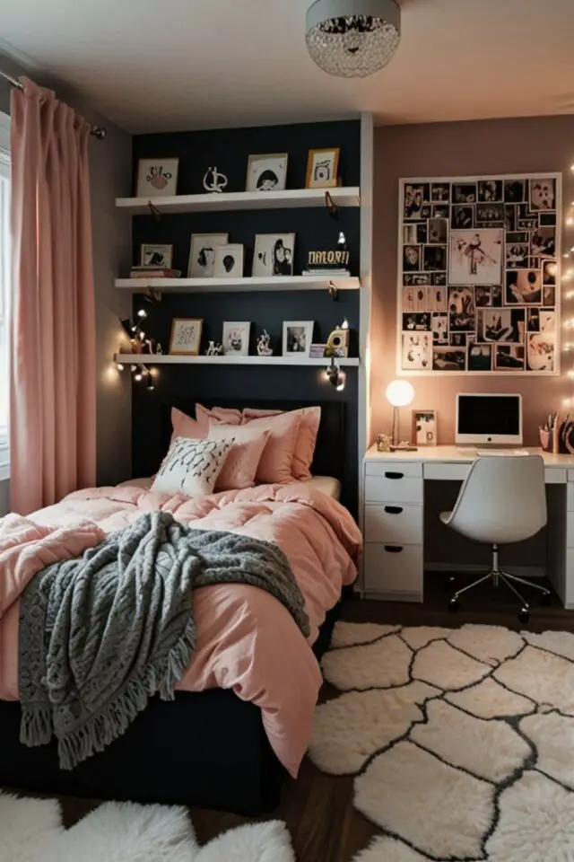 chambre ado couleur mur noir rideau et parure de lit rose étagère blanche aesthetic bureau fille tapis berbère chambre ado couleur mur noir rideau et parure de lit rose étagère blanche aesthetic bureau fille tapis berbère