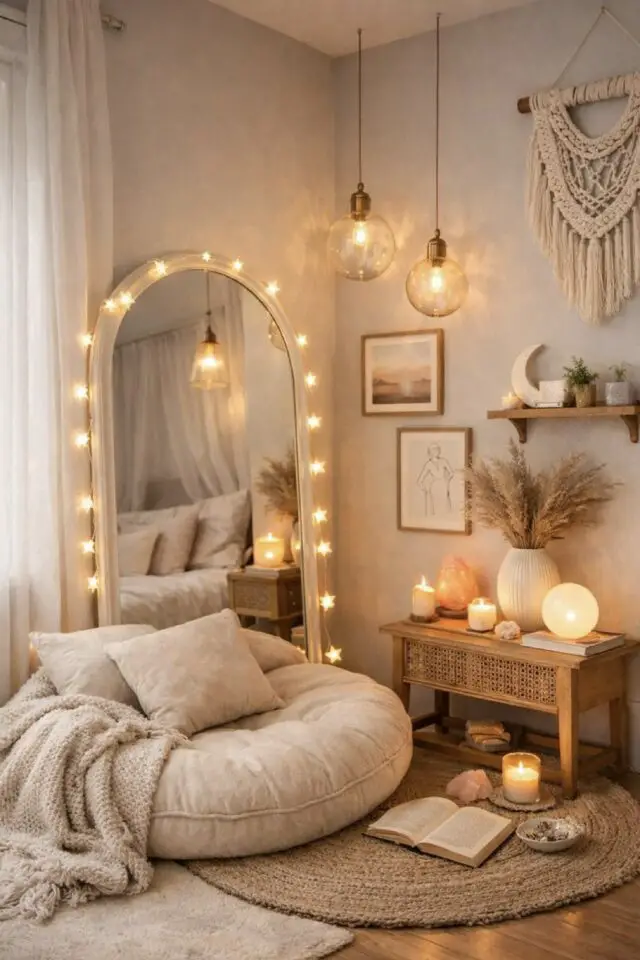 chambre ado couleur exemple neutre cosy coin lecture pouf miroir ovale table de chevet bois clair chambre ado couleur exemple neutre cosy coin lecture pouf miroir ovale table de chevet bois clair