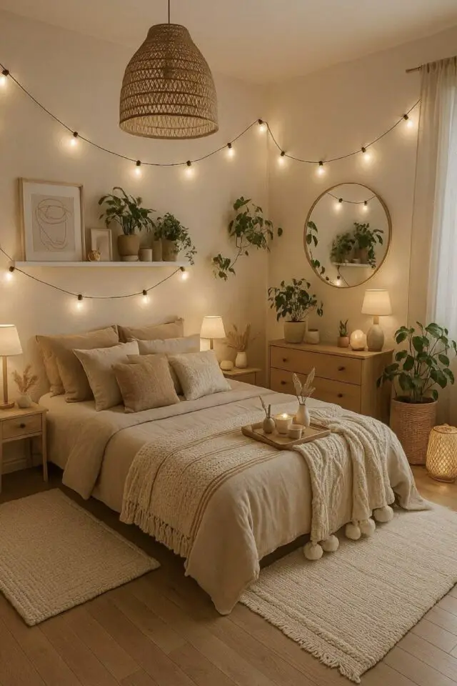 chambre ado couleur neutre douillette cosy aesthetic simple plante verte étagère murale tapis linge de lit beige chambre ado couleur neutre douillette cosy aesthetic simple plante verte étagère murale tapis linge de lit beige