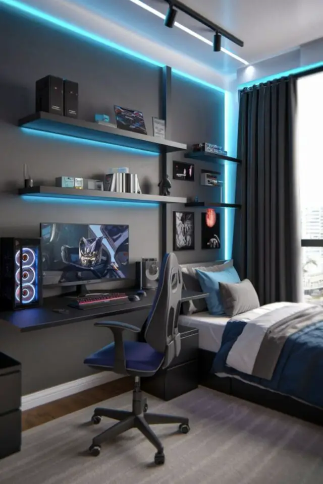 chambre ado couleur exemple garçon bleu et gris effet néon bureau mural lit une personne chambre ado couleur exemple garçon bleu et gris effet néon bureau mural lit une personne