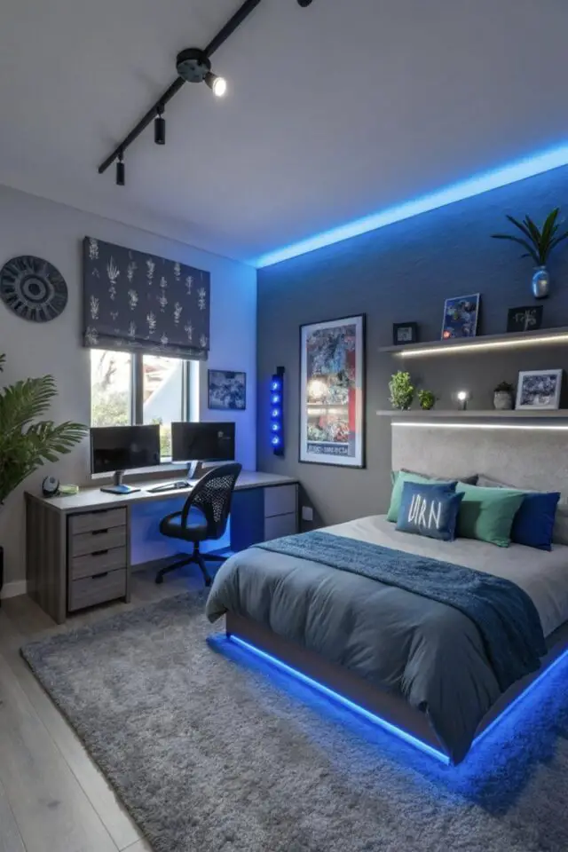 couleur chambre ado blanc gris et bleu garçon simple néon tapis étagère murale et coin bureau couleur chambre ado blanc gris et bleu garçon simple néon tapis étagère murale et coin bureau