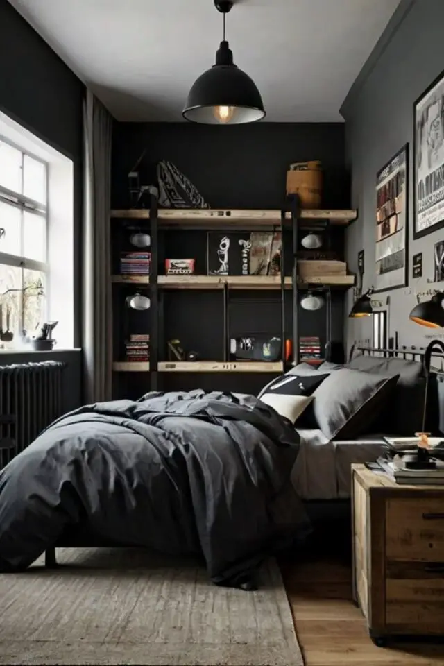 chambre ado couleur exemple garçon style industriel mur noir étagère mois et métal tapis linge de lit gris chambre ado couleur exemple garçon style industriel mur noir étagère mois et métal tapis linge de lit gris