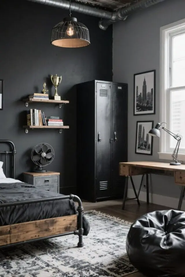 chambre ado couleur noir et blis gris ambiance industrielle chic garçon vestiaire armoire métallique lit métal et bois patiné pouf chambre ado couleur noir et blis gris ambiance industrielle chic garçon vestiaire armoire métallique lit métal et bois patiné pouf