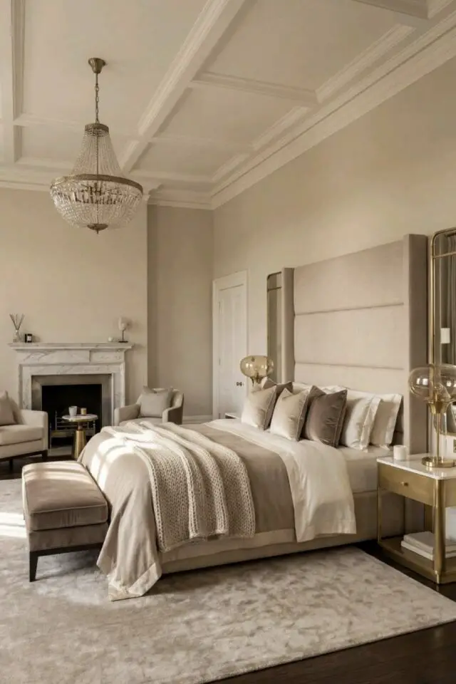 chambre adulte déco luxe et élégant chic beige et blanc grande tête de lit banc parure coordonnée 