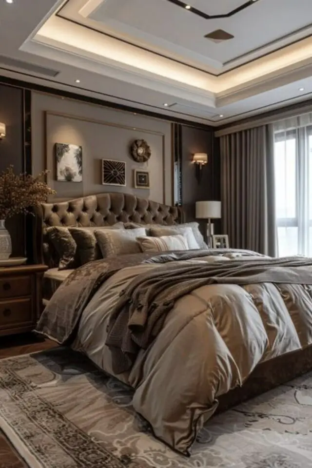 chambre adulte déco luxe tête de lit capitonnée plafond éclairage led 
