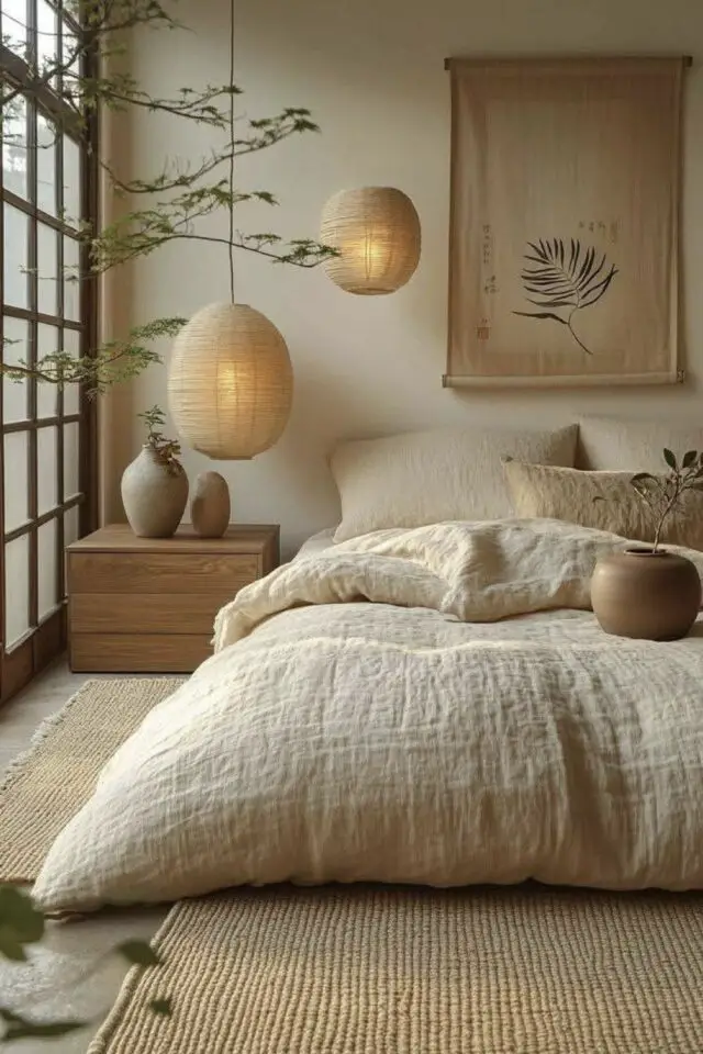 déco chambre adulte style wabi sabi peinture neutre beige clair mur luminaire naturel table de chevet en bois 