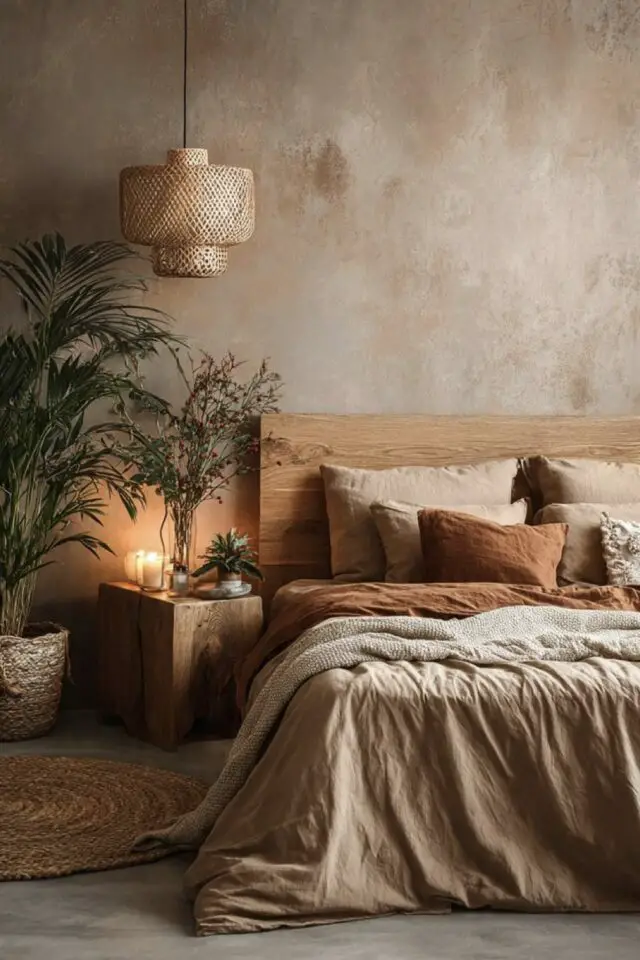 déco chambre adulte style wabi sabi zen inspiration japon tête de lit en bois mur texturé plantes vertes ambiance minimaliste 