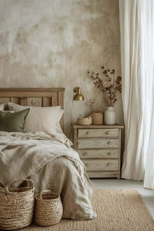 déco chambre adulte style wabi sabi mur texturé effet béton ciré meuble en bois patiné couleur neutre et chaleureuse 