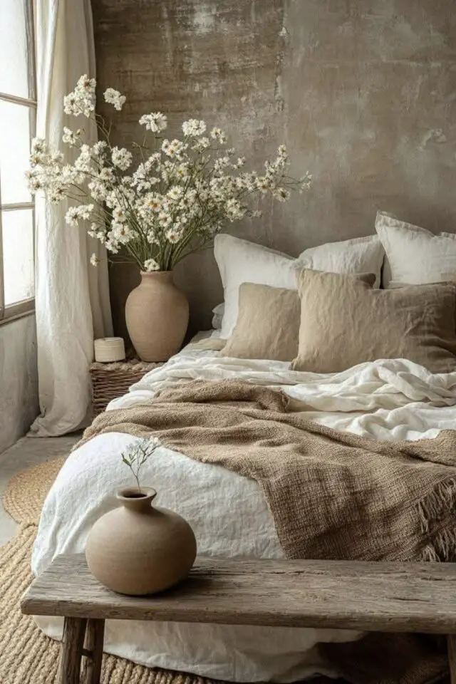 déco chambre adulte style wabi sabi féminin mur texturé voilage linge de lit en lin lavé ambiance neutre doux banc en bois patiné 