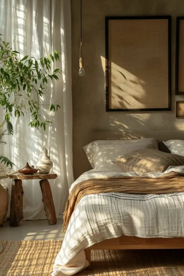 déco chambre adulte style wabi sabi moderne neutre avec une pointe de ocre linge de lit douceur naturelle 
