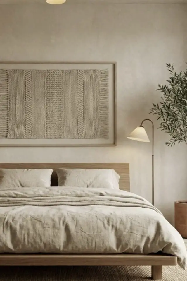 déco chambre adulte style wabi sabi mur blanc cassé écru déco murale tissée linge de lit greige lit en bois 