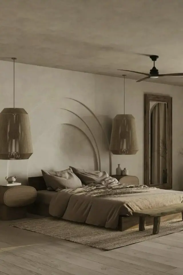 déco chambre adulte style wabi sabi grand espace neutre minimaliste suspension XXL naturelle tapis 