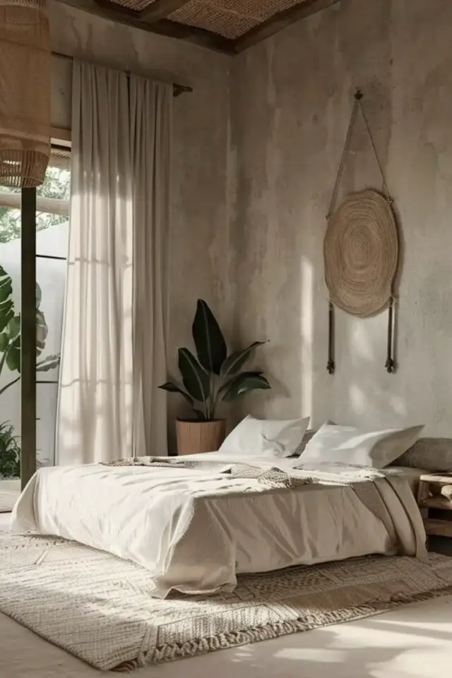 déco chambre adulte style wabi sabi mur texturé revêtement mural effet grande fenêtre voilage en lin lavé déco mur naturel lit bas 