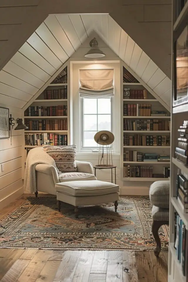 coin lecture salon aménagement exemple sous les combles bibliothèque lambris blanc fauteuil tapis 