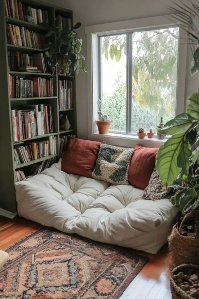coin lecture salon aménagement exemple coussin de sol capitonné fenêtre bibliothèque rangement tapis plante verte 