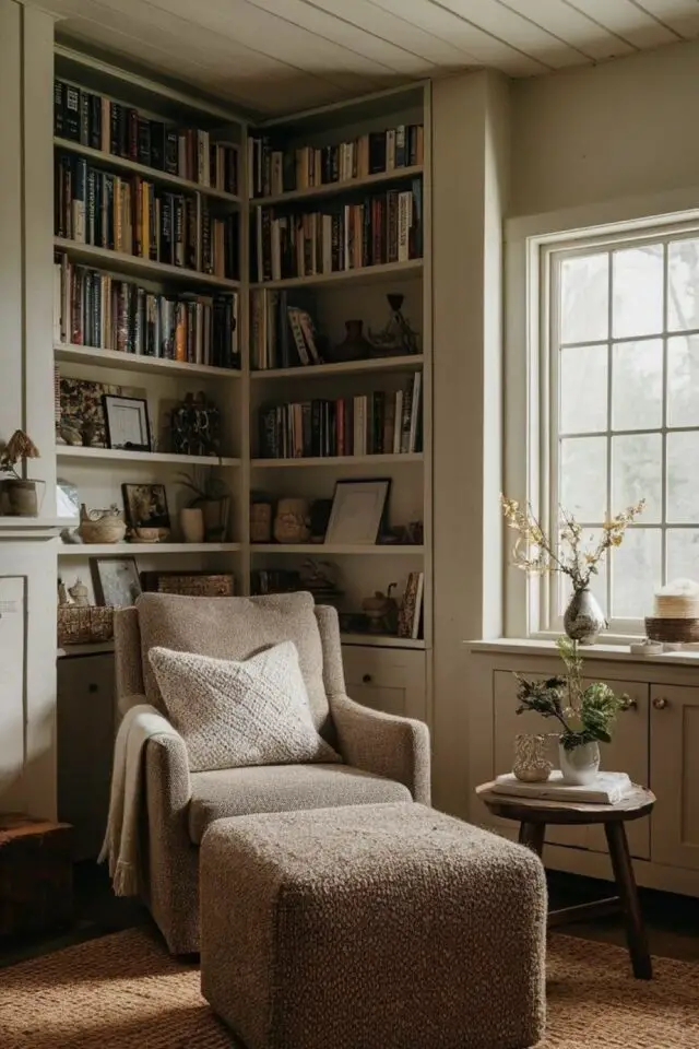 coin lecture salon aménagement exemple bibliothèque sur mesure angle de la pièce fauteuil avec repose pied pouf 