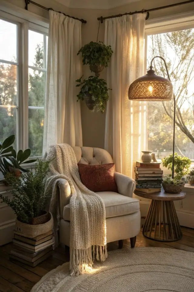 coin lecture salon aménagement exemple angle de la pièce fauteuil beige avec coussin et plaid plante verte et liseuse 