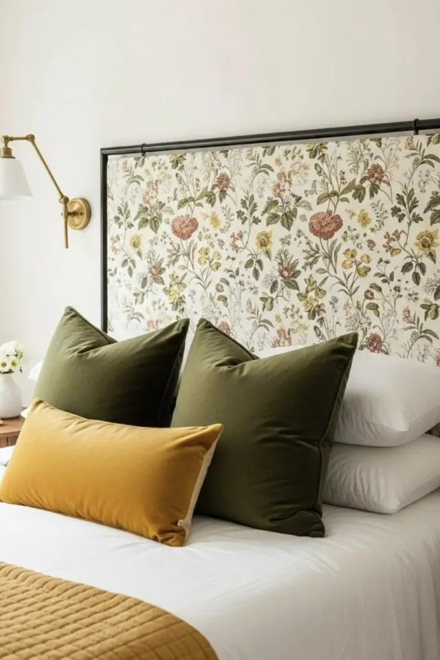déco de chambre de A à Z idées tête de lit adulte papier peint motif floral coussin vert et jaune en velours 