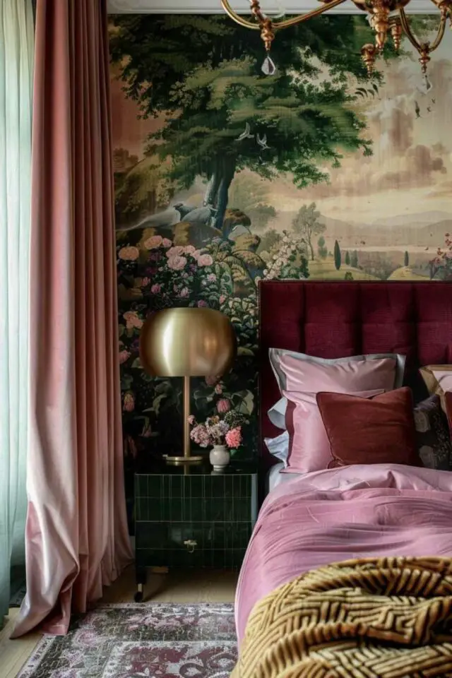 déco de chambre de A à Z chic et élégant tête de lit velours bordeaux papier peint panoramique rideau et draps rose 