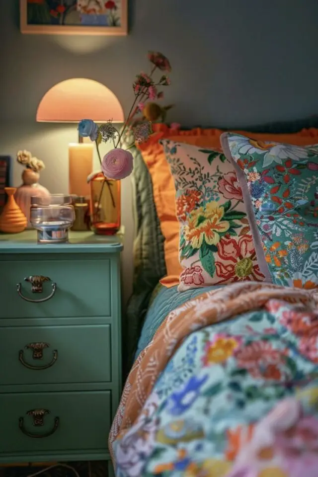 déco de chambre de A à Z conseils inspiration nature table de chevet verte mur peinture sauge linge de lit à fleurs 