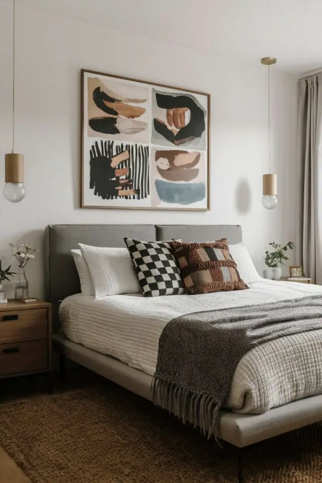 déco de chambre de A à Z espace parental tête de lit tissu gris tableau moderne chic et élégant suspension dessus table de nuit 