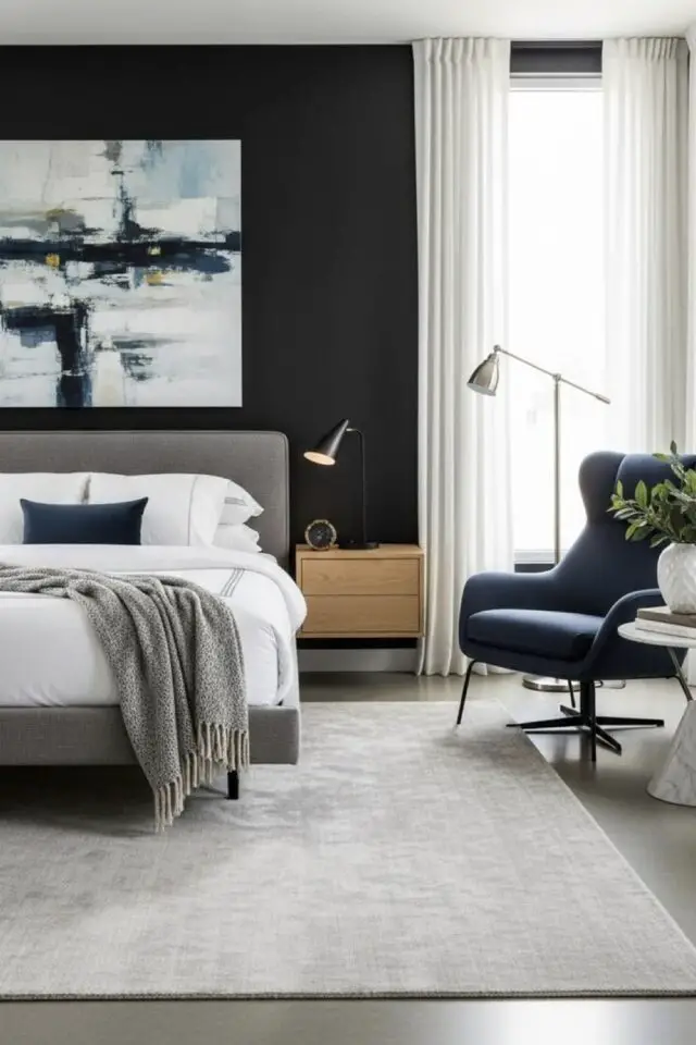 déco de chambre de A à Z idées mur accent noir élégant grand tableau dessus tête de lit tapis clair ambiance chic 