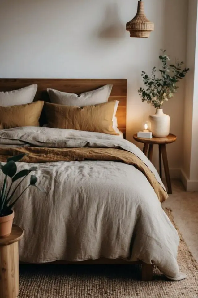 déco de chambre de A à Z adulte simple et chaleureuse mur blanc tête de lit bois parure de draps beige tapis en jute nature chic 