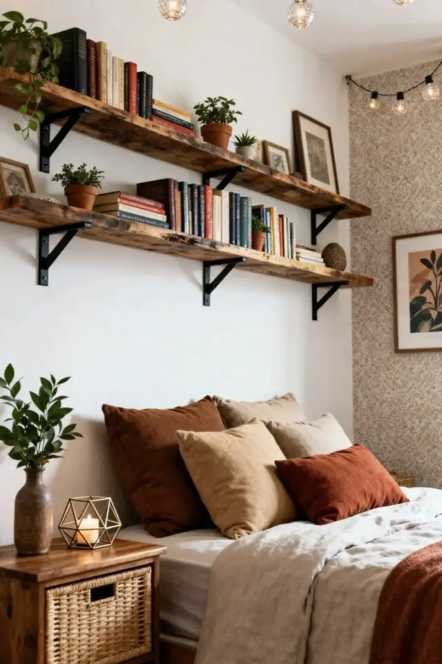 déco de chambre de A à Z idée couleur neutre beige marron blanc étagère murale guirlande lumineuse 