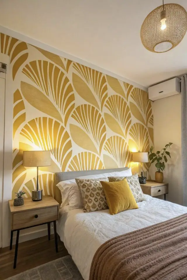 déco de chambre de A à Z papier peint à motif jaune grand format tête de lit grise 