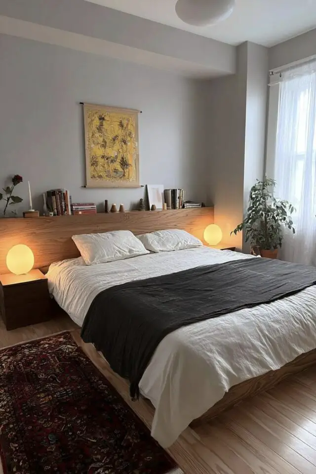 déco de chambre de A à Z idées tête de lit soubassement bois mur gris clair drap blanc couvre-lit noir chic et élégant 