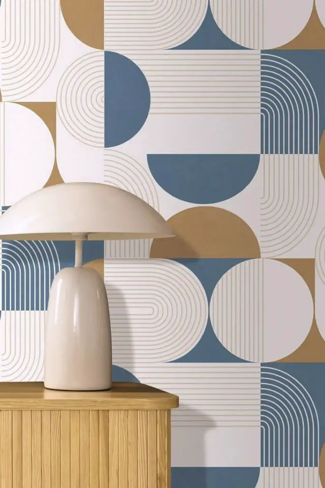 décoration couleur jaune et bleu papier peint motifs géométrique graphique moutarde blanc bleu navy 