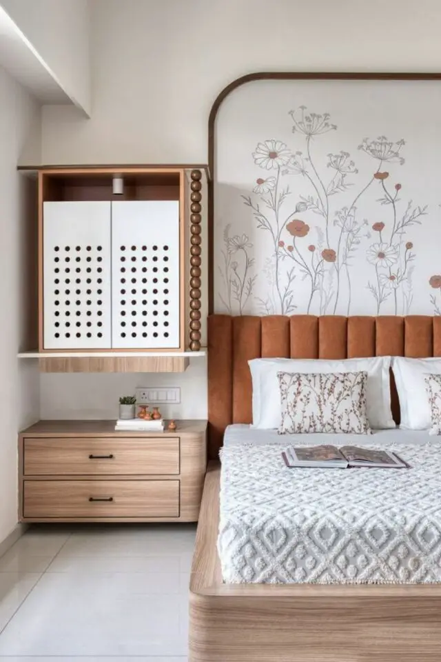 décoration murale chambre adulte papier pient floral panoramique minimaliste moulure meuble suspendu tête de lit capitonnée 