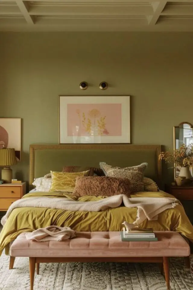 décoration murale chambre adulte ton sur ton vert peinture et tête de lit en velours ambiance chic et élégante 