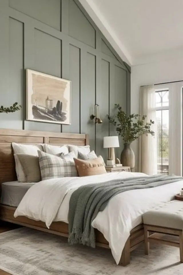 décoration murale chambre parentale ambiance nature cosy tête de lit en bois mur accent grosse moulure ton sur ton vert sauge 