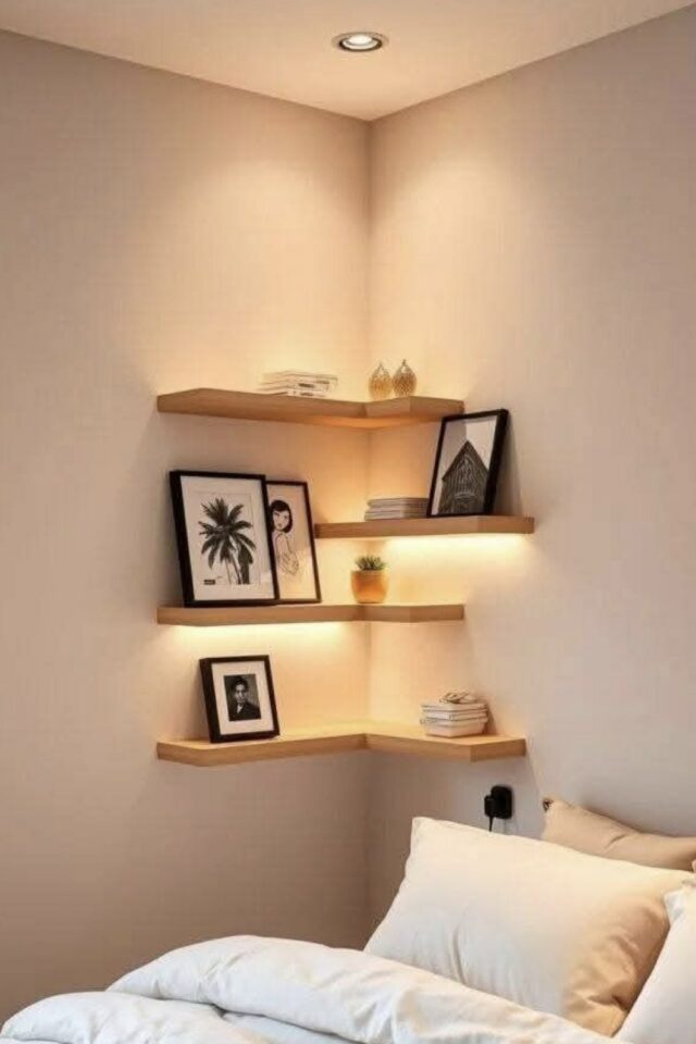 décoration murale chambre parentale coin de la pièce à côté du lit étagère d'angle en bois idée originale 