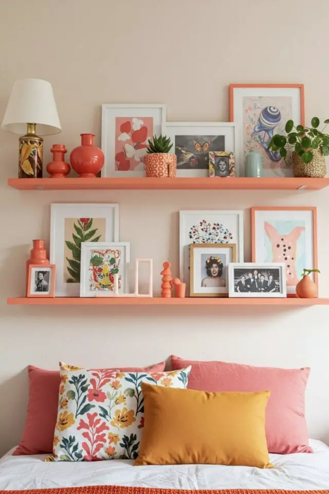 décoration murale chambre parentale étagère en bois coloré corail accessoire déco et cadres posés 