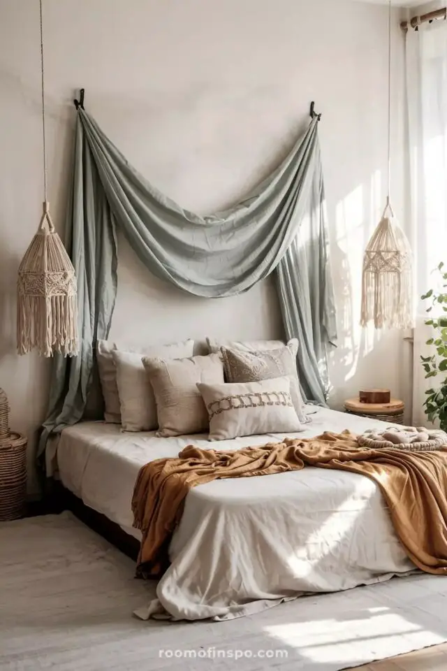 décoration murale chambre parentale moderne et originale tenture voilage effet ciel de lit drapé original 