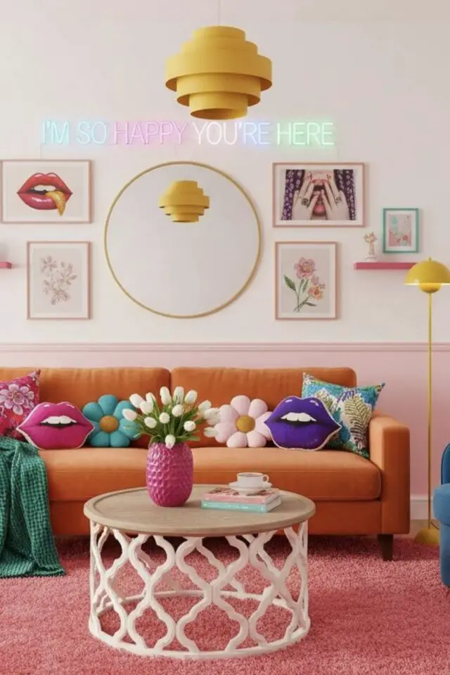 dopamine décor exemple salon séjour soubassement rose canapé orange suspension jaune déco murale éclectique table basse blanche et bois dopamine décor exemple salon séjour soubassement rose canapé orange suspension jaune déco murale éclectique table basse blanche et bois