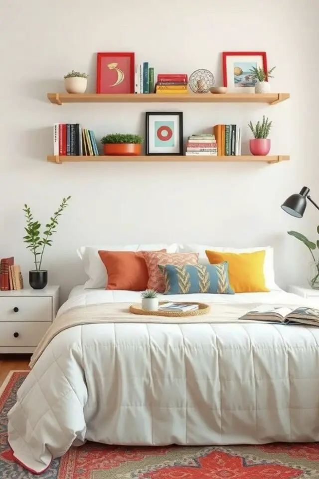 dopamine décor exemple chambre adulte blanche touche de couleur vives équilibre étagères bois coussins accessoires décoratifs dopamine décor exemple chambre adulte blanche touche de couleur vives équilibre étagères bois coussins accessoires décoratifs