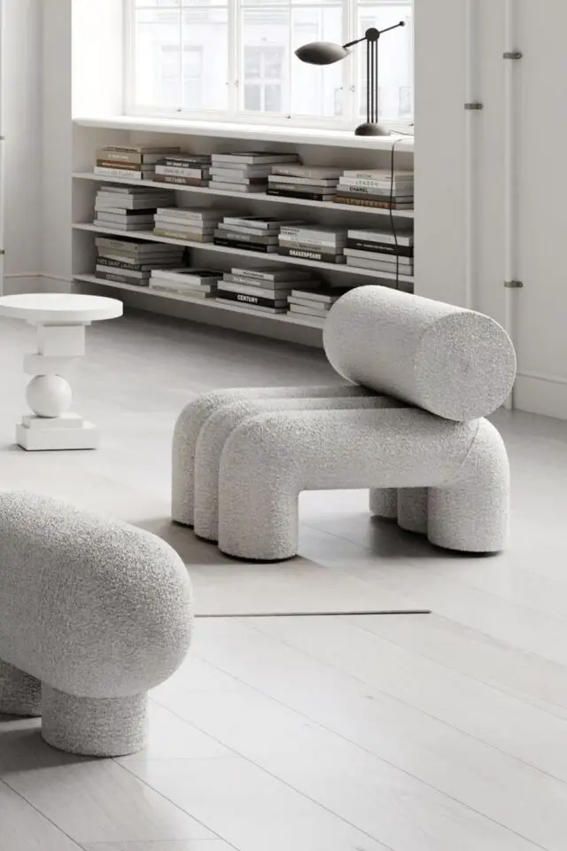 Fauteuil rembourré Foku blanc / Tissu bouclé