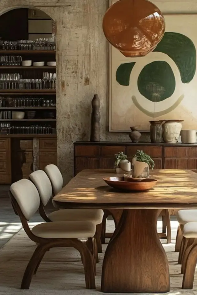 gagner de la place dans la salle à manger facilement espace élégant et design table en bois chaise beige grand tableau au dessus du buffet 