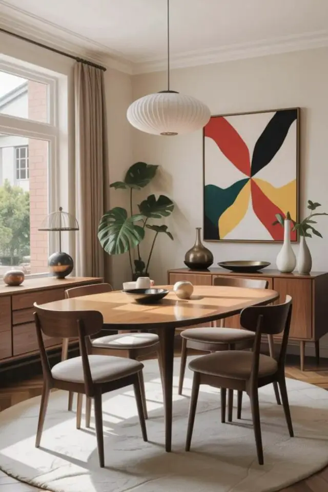 gagner de la place dans la salle à manger facilement appartement table rectangulaire angle arrondi tapis 4 personnes petit buffet vintage plante verte 