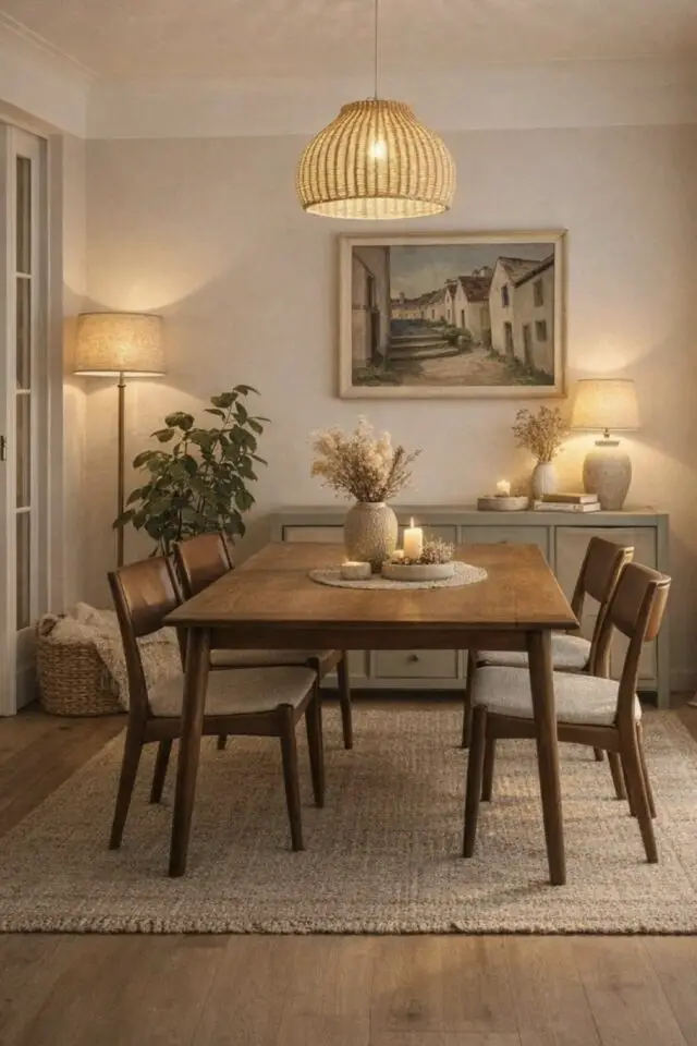 gagner de la place dans la salle à manger facilement table rectangulaire 4 à 6 personnes tapis en jute buffet bas coloré ambiance lumineuse luminaire 