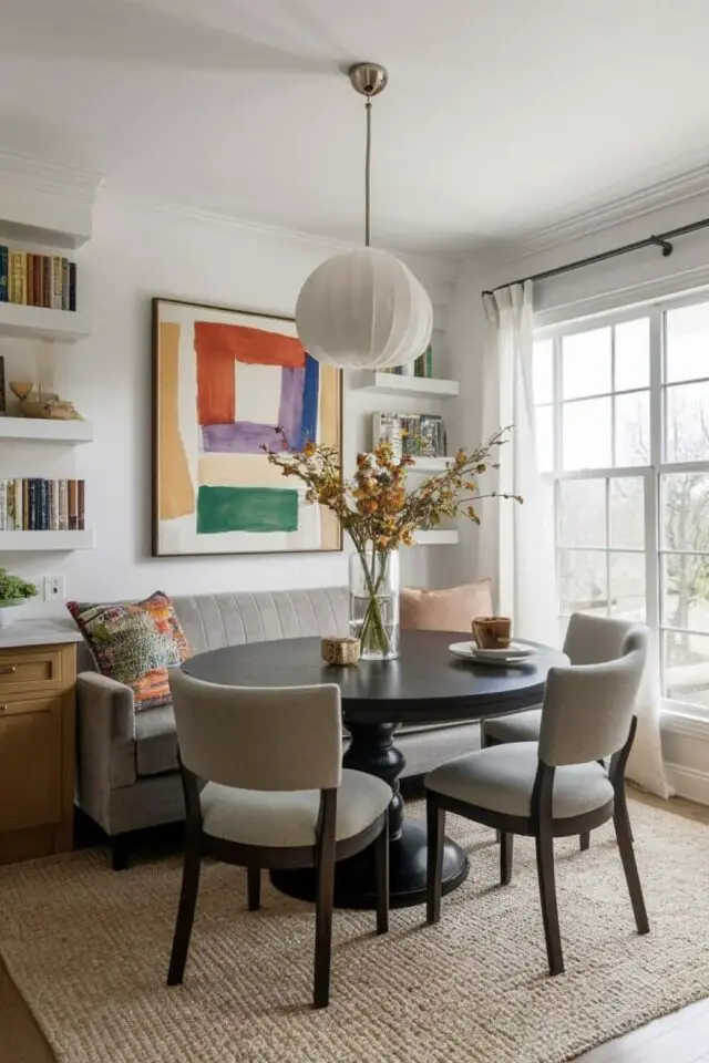 gain de place salle à manger petit appartement banquette canapé table ronde étagère murale et tableau encadré 