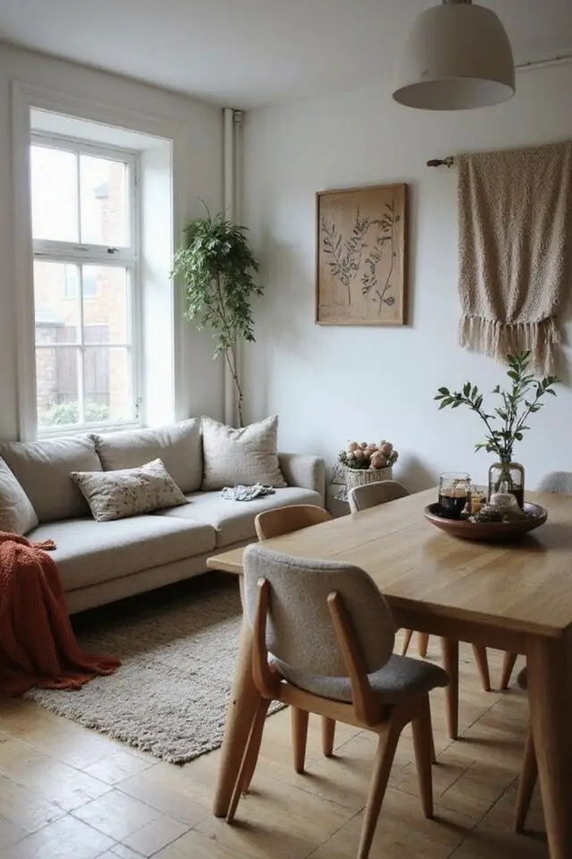 idée gain de place salle à manger salon canapé clair table en bois esprit moderne appartement 